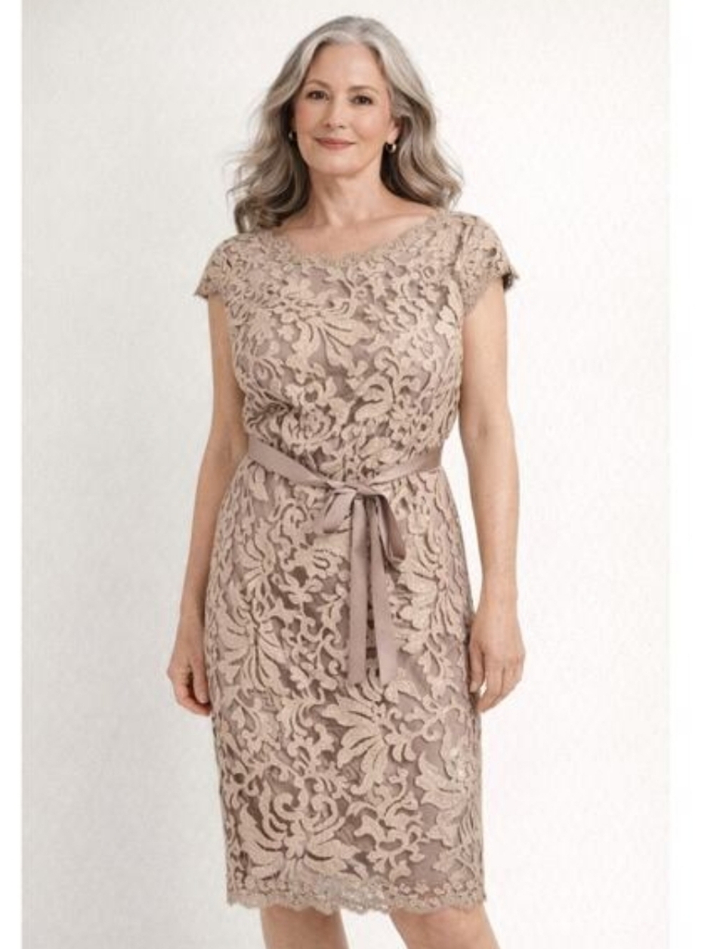 Tadashi Shoji Greta Lace Sheath Dress Taupe Belted Cocktail Wedding Guest Sz 12